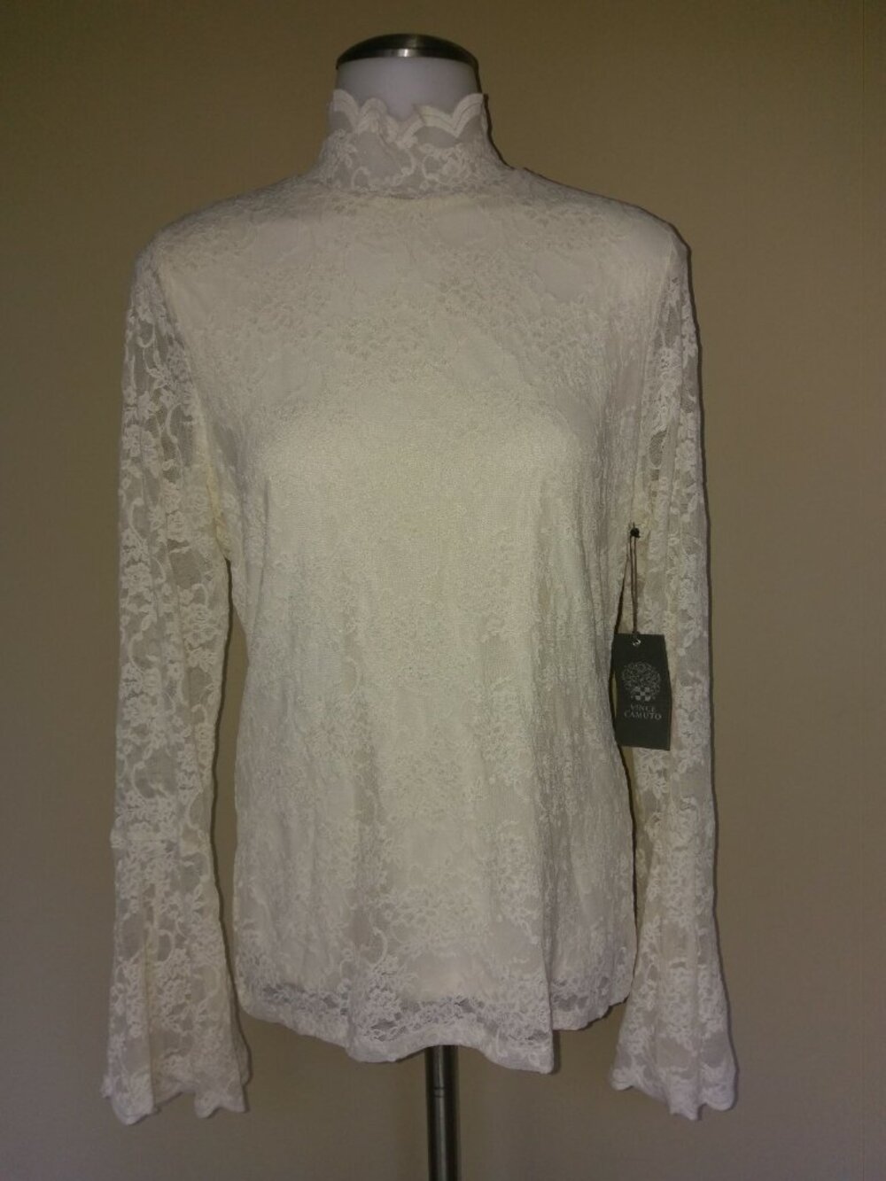 Vince Camuto Boho Lace Top Shirt Bell Sleeve Mock Neck Ivory Cream